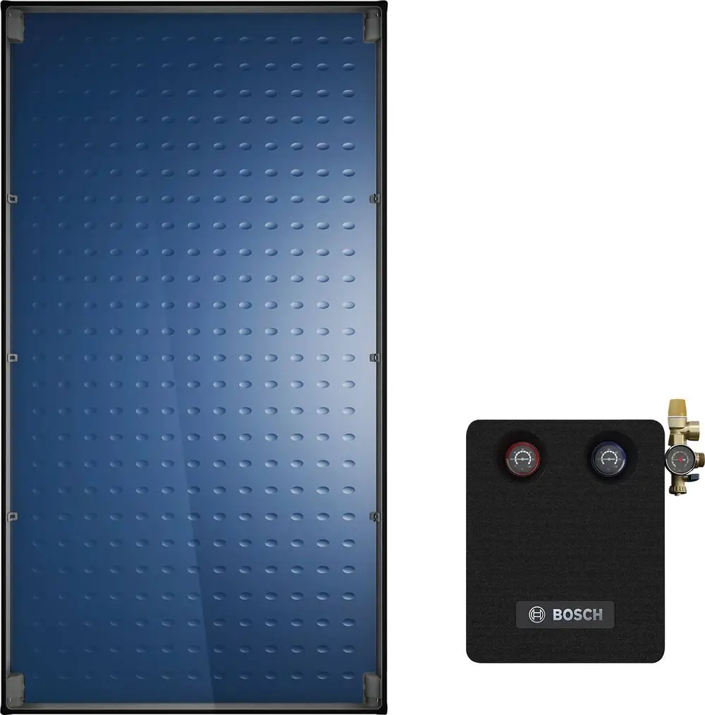 Solarabsorptionseinheit mit blauer Oberfläche und Verbindungselementen. Der Anschlussblock ist mit Bosch-Logo und Druckanzeigen ausgestattet.